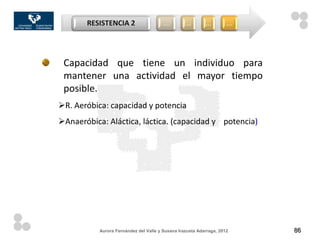 RESISTENCIA 2                    …         …        …         …




 Capacidad que tiene un individuo para
 mantener una actividad el mayor tiempo
 posible.
R. Aeróbica: capacidad y potencia
Anaeróbica: Aláctica, láctica. (capacidad y potencia)




           Aurora Fernández del Valle y Susana Irazusta Adarraga, 2012   86
 