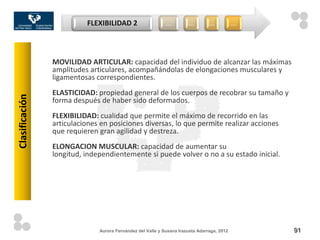 FLEXIBILIDAD 2                    …         …         …           …




                MOVILIDAD ARTICULAR: capacidad del individuo de alcanzar las máximas
                amplitudes articulares, acompañándolas de elongaciones musculares y
                ligamentosas correspondientes.
                ELASTICIDAD: propiedad general de los cuerpos de recobrar su tamaño y
Clasificación




                forma después de haber sido deformados.
                FLEXIBILIDAD: cualidad que permite el máximo de recorrido en las
                articulaciones en posiciones diversas, lo que permite realizar acciones
                que requieren gran agilidad y destreza.
                ELONGACION MUSCULAR: capacidad de aumentar su
                longitud, independientemente si puede volver o no a su estado inicial.




                              Aurora Fernández del Valle y Susana Irazusta Adarraga, 2012       91
 