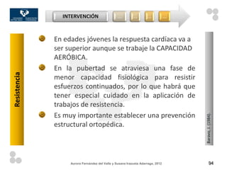 INTERVENCIÓN                     …         …        …            …



              En edades jóvenes la respuesta cardíaca va a
              ser superior aunque se trabaje la CAPACIDAD
              AERÓBICA.
              En la pubertad se atraviesa una fase de
Resistencia




              menor capacidad fisiológica para resistir
              esfuerzos continuados, por lo que habrá que
              tener especial cuidado en la aplicación de
              trabajos de resistencia.
              Es muy importante establecer una prevención




                                                                                     Baravo, J. (1984).
              estructural ortopédica.




                   Aurora Fernández del Valle y Susana Irazusta Adarraga, 2012              94
 