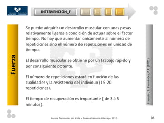 INTERVENCIÓN_F                     …          …         …           …



         Se puede adquirir un desarrollo muscular con unas pesas
         relativamente ligeras a condición de actuar sobre el factor
         tiempo. No hay que aumentar únicamente al número de
         repeticiones sino el número de repeticiones en unidad de
         tiempo.
Fuerza




         El desarrollo muscular se obtiene por un trabajo rápido y




                                                                                         Irazusta , S. Fernández, P.P. (2001)
         por consiguiente potente.

         El número de repeticiones estará en función de las
         cualidades y la resistencia del individuo (15-20
         repeticiones).

         El tiempo de recuperación es importante ( de 3 á 5
         minutos).

                       Aurora Fernández del Valle y Susana Irazusta Adarraga, 2012                                              95
 