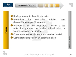 INTERVENCIÓN_F 2                     …          …         …        …




         Realizar un control médico previo.
         Identificar    los    músculos     débiles      para
         desarrollarlos específicamente.
         Programar los ejercicios que afecten a los
Fuerza




         músculos grandes, proximales y localizados de
         tronco, abdomen y espalda.
         Crear objetivos realistas y toma de nivel inicial.




                                                                                     Alvarez, J. C. (2004)
         Comenzar siempre con un calentamiento.




                   Aurora Fernández del Valle y Susana Irazusta Adarraga, 2012                        96
 