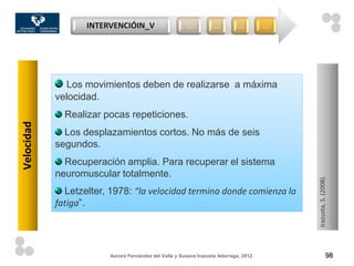 INTERVENCIÓIN_V                      …          …         …         …




              Los movimientos deben de realizarse a máxima
            velocidad.
              Realizar pocas repeticiones.
Velocidad




              Los desplazamientos cortos. No más de seis
            segundos.
              Recuperación amplia. Para recuperar el sistema
            neuromuscular totalmente.




                                                                                           Irazusta, S. (2008).
              Letzelter, 1978: “la velocidad termina donde comienza la
            fatiga”.




                         Aurora Fernández del Valle y Susana Irazusta Adarraga, 2012                       98
 