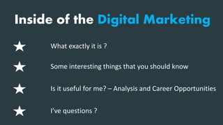 Inside of the Digital Marketing
What exactly it is ?
Some interesting things that you should know
Is it useful for me? – Analysis and Career Opportunities
I’ve questions ?
 
