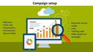 •Bid price
•Click rate
•Impressions
•Conversions
•Bounce Rate
Campaign setup
• keywords and ad
copies
• Links
• Tracking code
• Daily analysis of
campaign
 