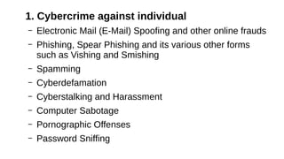 1. Cybercrime against individual
– Electronic Mail (E-Mail) Spoofing and other online frauds
– Phishing, Spear Phishing and its various other forms
such as Vishing and Smishing
– Spamming
– Cyberdefamation
– Cyberstalking and Harassment
– Computer Sabotage
– Pornographic Offenses
– Password Sniffing
 