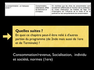 Quelles suites ?
En quoi ce chapitre peut-il être relié à d'autres
parties du programme (de 2nde mais aussi de 1ere
et de Terminale) ?

Consommation/revenus, Socialisation, individu
et société, normes (1ere)

 