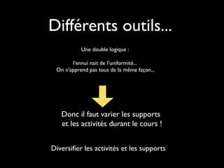 Différents outils...
Une double logique :
l’ennui nait de l’uniformité...
On n'apprend pas tous de la même façon...

Donc il faut varier les supports
et les activités durant le cours !

Diversifier les activités et les supports

 