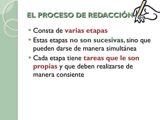 EL PROCESO DE REDACCIÓN Consta de  varias etapas Estas etapas  no son sucesivas , sino que pueden darse de manera simultánea Cada etapa tiene  tareas que le son propias  y que deben realizarse de manera consiente 