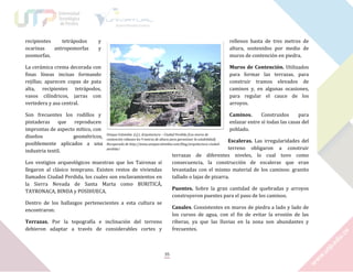 recipientes
tetrápodos
ocarinas
antropomorfas
zoomorfas.

y
y

rellenos hasta de tres metros de
altura, sostenidos por medio de
muros de contención en piedra.

La cerámica crema decorada con
finas líneas incisas formando
rejillas; aparecen copas de pata
alta, recipientes tetrápodos,
vasos cilíndricos, jarras con
vertedera y asa central.

Muros de Contención. Utilizados
para formar las terrazas, para
construir tramos elevados de
caminos y, en algunas ocasiones,
para regular el cauce de los
arroyos.

Son frecuentes los rodillos y
pintaderas
que
reproducen
improntas de aspecto mítico, con
diseños
geométricos,
posiblemente aplicados a una
industria textil.

Caminos.
Construidos
para
enlazar entre sí todas las casas del
poblado.
Unique Colombia. (s.f.). Arquitectura – Ciudad Perdida [Los muros de
contención rebasan los 9 metros de altura para garantizar la estabilidad].
Recuperado de http://www.uniquecolombia.com/blog/arquitectura-ciudadperdida/

Escaleras. Las irregularidades del
terreno obligaron a construir
terrazas de diferentes niveles, lo cual tuvo como
consecuencia, la construcción de escaleras que eran
levantadas con el mismo material de los caminos: granito
tallado o lajas de pizarra.

Los vestigios arqueológicos muestran que los Taironas sí
llegaron al clásico temprano. Existen restos de viviendas
llamados Ciudad Perdida, los cuales son enclavamientos en
la Sierra Nevada de Santa Marta como BURITICÁ,
TAYRONACA, BINDA y POSIHUECA.

Puentes. Sobre la gran cantidad de quebradas y arroyos
construyeron puentes para el paso de los caminos.

Dentro de los hallazgos pertenecientes a esta cultura se
encontraron:

Canales. Consistentes en muros de piedra a lado y lado de
los cursos de agua, con el fin de evitar la erosión de las
riberas, ya que las lluvias en la zona son abundantes y
frecuentes.

Terrazas. Por la topografía e inclinación del terreno
debieron adaptar a través de considerables cortes y

35

 