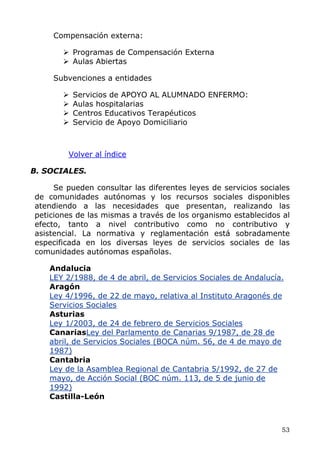 Compensación externa:
Programas de Compensación Externa
Aulas Abiertas
Subvenciones a entidades
Servicios de APOYO AL ALUMNADO ENFERMO:
Aulas hospitalarias
Centros Educativos Terapéuticos
Servicio de Apoyo Domiciliario
Volver al índice
B. SOCIALES.
Se pueden consultar las diferentes leyes de servicios sociales
de comunidades autónomas y los recursos sociales disponibles
atendiendo a las necesidades que presentan, realizando las
peticiones de las mismas a través de los organismo establecidos al
efecto, tanto a nivel contributivo como no contributivo y
asistencial. La normativa y reglamentación está sobradamente
especificada en los diversas leyes de servicios sociales de las
comunidades autónomas españolas.
Andalucia
LEY 2/1988, de 4 de abril, de Servicios Sociales de Andalucía.
Aragón
Ley 4/1996, de 22 de mayo, relativa al Instituto Aragonés de
Servicios Sociales
Asturias
Ley 1/2003, de 24 de febrero de Servicios Sociales
CanariasLey del Parlamento de Canarias 9/1987, de 28 de
abril, de Servicios Sociales (BOCA núm. 56, de 4 de mayo de
1987)
Cantabria
Ley de la Asamblea Regional de Cantabria 5/1992, de 27 de
mayo, de Acción Social (BOC núm. 113, de 5 de junio de
1992)
Castilla-León
53
 
