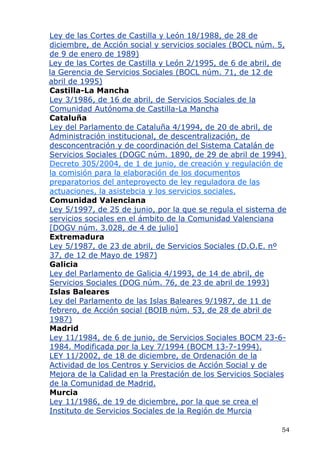 Ley de las Cortes de Castilla y León 18/1988, de 28 de
diciembre, de Acción social y servicios sociales (BOCL núm. 5,
de 9 de enero de 1989)
Ley de las Cortes de Castilla y León 2/1995, de 6 de abril, de
la Gerencia de Servicios Sociales (BOCL núm. 71, de 12 de
abril de 1995)
Castilla-La Mancha
Ley 3/1986, de 16 de abril, de Servicios Sociales de la
Comunidad Autónoma de Castilla-La Mancha
Cataluña
Ley del Parlamento de Cataluña 4/1994, de 20 de abril, de
Administración institucional, de descentralización, de
desconcentración y de coordinación del Sistema Catalán de
Servicios Sociales (DOGC núm. 1890, de 29 de abril de 1994)
Decreto 305/2004, de 1 de junio, de creación y regulación de
la comisión para la elaboración de los documentos
preparatorios del anteproyecto de ley reguladora de las
actuaciones, la asistebcia y los servicios sociales.
Comunidad Valenciana
Ley 5/1997, de 25 de junio, por la que se regula el sistema de
servicios sociales en el ámbito de la Comunidad Valenciana
[DOGV núm. 3.028, de 4 de julio]
Extremadura
Ley 5/1987, de 23 de abril, de Servicios Sociales (D.O.E. nº
37, de 12 de Mayo de 1987)
Galicia
Ley del Parlamento de Galicia 4/1993, de 14 de abril, de
Servicios Sociales (DOG núm. 76, de 23 de abril de 1993)
Islas Baleares
Ley del Parlamento de las Islas Baleares 9/1987, de 11 de
febrero, de Acción social (BOIB núm. 53, de 28 de abril de
1987)
Madrid
Ley 11/1984, de 6 de junio, de Servicios Sociales BOCM 23-6-
1984. Modificada por la Ley 7/1994 (BOCM 13-7-1994).
LEY 11/2002, de 18 de diciembre, de Ordenación de la
Actividad de los Centros y Servicios de Acción Social y de
Mejora de la Calidad en la Prestación de los Servicios Sociales
de la Comunidad de Madrid.
Murcia
Ley 11/1986, de 19 de diciembre, por la que se crea el
Instituto de Servicios Sociales de la Región de Murcia
54
 