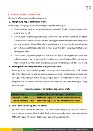 Modul Pendidikan Jarak Jauh Jenjang Diploma 3 Program Studi Kebidanan
20
3.	 Menghitung frekuensi napas
	 Untuk menghitung napas dalam satu menit:
a.	 Menghitung napas dalam satu menit
Terdapat tiga cara yang benar dalam menghitung frekuensi napas:
•	 Gunakan timer yang berbunyi setelah satu menit (60 detik). Hitunglah napas anak
selama satu menit.
•	 Memakai jam tangan yang mempunyai jarum detik. Bisa meminta bantuan orang lain
untuk memberi aba-aba setelah 60 detik, sehingga Anda bisa sepenuhnya mengamati
pernapasan anak. Kalau tidak ada orang lainyang bisa membantu,buatlah posisi
jam sedemikian sehingga Anda bisa melihat jarumnya dan sekaligus melihat gerak
pernapasan anak.
•	 Gunakan jam tangan dengan jarum detik atau jam digital. Hitung pernapasan sampai
ke batas napas cepat (sesuai umur), kemudian segera melihat jam. Bila pernapasan
anak normal, maka Anda akan memerlukan waktu menghitung lebih dari satu menit.
b.	 Amati gerakan napas pada dada atau perut anak itu.
Biasanya Anda dapat melihat gerakan napasnya meskipun pakaiannya tidak dibuka.
Jika Anda tidak dapat melihat gerakan napas dengan jelas, mintalah ibu membuka baju
anak. Jika Anda tidak yakin akan hitungan napas dalam 1 menit (misalnya jika anak terus
bergerak dan sulit untuk memperhatikan dadanya atau jika anak menangis), ulangi
penghitungan.
Batas napas cepat tergantung pada umur anak.
Jika umur anak: Anak itu dikatakan bernapas cepat jika :
2 sampai 12 bulan Frekuensi napas : 50 kali per menit atau lebih.
12 bulan sampai 5 tahun Frekuensi napas : 40 kali per menit atau lebih.
c.	 LIHAT tarikan dinding dada ke dalam.
Jika Anda tidak membuka baju anak pada saat Anda menghitung napas, ibu diminta
membukanya sekarang.Lihat apakah dinding dada tertarik ke dalam pada saat anak itu
MENARIK napas.Perhatikan dada bagian bawah (rusuk terbawah).
 