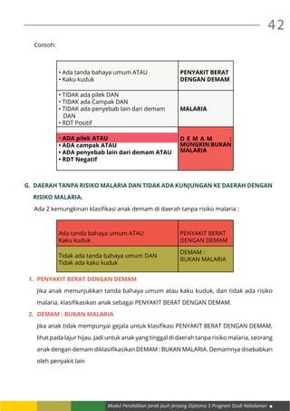 Modul Pendidikan Jarak Jauh Jenjang Diploma 3 Program Studi Kebidanan
42
Contoh:
• Ada tanda bahaya umum ATAU
• Kaku kuduk
PENYAKIT BERAT
DENGAN DEMAM
• TIDAK ada pilek DAN
• TIDAK ada Campak DAN
• TIDAK ada penyebab lain dari demam
DAN
• RDT Positif
MALARIA
• ADA pilek ATAU
• ADA campak ATAU
• ADA penyebab lain dari demam ATAU
• RDT Negatif
D E M A M :
MUNGKIN BUKAN
MALARIA
G.	 DAERAH TANPA RISIKO MALARIA DAN TIDAK ADA KUNJUNGAN KE DAERAH DENGAN
RISIKO MALARIA.
Ada 2 kemungkinan klasifikasi anak demam di daerah tanpa risiko malaria :
Ada tanda bahaya umum ATAU
Kaku kuduk
PENYAKIT BERAT
DENGAN DEMAM
Tidak ada tanda bahaya umum DAN
Tidak ada kaku kuduk
DEMAM :
BUKAN MALARIA
1.	 PENYAKIT BERAT DENGAN DEMAM
Jika anak menunjukkan tanda bahaya umum atau kaku kuduk, dan tidak ada risiko
malaria, klasifikasikan anak sebagai PENYAKIT BERAT DENGAN DEMAM.
2.	 DEMAM : BUKAN MALARIA
Jika anak tidak mempunyai gejala untuk klasifikasi PENYAKIT BERAT DENGAN DEMAM,
lihat pada lajur hijau. Jadi untuk anak yang tinggal di daerah tanpa risiko malaria, seorang
anak dengan demam diklasifikasikan DEMAM : BUKAN MALARIA. Demamnya disebabkan
oleh penyakit lain
 