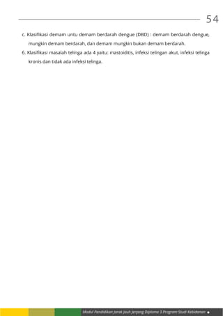 Modul Pendidikan Jarak Jauh Jenjang Diploma 3 Program Studi Kebidanan
54
c. Klasifikasi demam untu demam berdarah dengue (DBD) : demam berdarah dengue,
	 mungkin demam berdarah, dan demam mungkin bukan demam berdarah.
6. Klasifikasi masalah telinga ada 4 yaitu: mastoiditis, infeksi telingan akut, infeksi telinga
	 kronis dan tidak ada infeksi telinga.
 