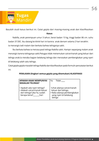 Modul Pendidikan Jarak Jauh Jenjang Diploma 3 Program Studi Kebidanan
56
Tugas
Mandiri
Bacalah studi kasus berikut ini. Catat gejala dari masing-masing anak dan klasifikasikan
Kasus
	 Nabilla, anak perempuan umur 3 tahun, berat badan 13 kg, tinggi badan 86 cm. suhu
badan 37.50C. Ibu datang ke klinik hari ini karena anak demam selama 2 hari terakhir.
Ia menangis tadi malam dan berkata bahwa telinganya sakit.
	 Ibu berkata bahwa ia merasa pasti telinga Nabilla sakit. Hampir sepanjang malam anak
menangis karena telinganya sakit.Petugas tidak menemukan cairan/nanah yang keluar dari
telinga anak.Ia meraba bagian belakang telinga dan merasakan pembengkakan yang nyeri
di belakang salah satu telinga.
Catat gejala-gejala masalah telinga Nabilla dan klasifikasikan pada formulir pencatatan berikut
ini:
PENILAIAN (lingkari semua gejala yang ditemukan) KLASIFIKASI
APAKAH ANAK MEMPUNYAI
MASALAH TELINGA?
• Apakah ada nyeri telinga?
• Adakah cairan/nanah keluar
dari telinga? Jika Ya, sudah
berapa lama?_______hari
Ya Tidak ____
•Lihat adanya cairan/nanah
keluar dari telinga.
• Raba adanya pembengkakan
yang nyeri di belakang
telinga
 
