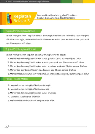 Modul Pendidikan Jarak Jauh Pendidikan Tinggi Kesehatan
57
Kegiatan
Belajar 3
Memeriksa Dan Mengklasifikasikan
Status Gizi, Anemia dan Imunisasi
Setelah menyelesaikan kegiatan belajar 3 diharapkan Anda dapat memeriksa dan mengkla-
sifikasikan status gizi, anemia dan imunisasi serta memeriksa pemberian vitamin A pada anak
usia 2 bulan sampai 5 tahun.
Setelah menyelesaikan kegiatan belajar 3, diharapkan Anda dapat :
1. Memeriksa dan mengklasifikasikan status gizi anak usia 2 bulan sampai 5 tahun
2. Memeriksa dan mengklasifikasikan anemia pada anak usia 2 bulan sampai 5 tahun
3. Memeriksa dan mengklasifikasikan status imunisasi anak usia 2 bulan sampai 5 tahun
4. Memeriksa pemberian Vitamin A pada anak usia 2 bulan sampai 5 tahun
5. Menilai masalah/keluhan lain yang dihadapi anak pada anak usia 2 bulan sampai 5 tahun
1. Memeriksa dan mengklasifikasikan status gizi
2. Memeriksa dan mengklasifikasikan anemia
3. Memeriksa dan mengklasifikasikan status imunisasi
4. Memeriksa pemberian Vitamin A
5. Menilai masalah/keluhan lain yang dihadapi anak.
Tujuan Pembelajaran Umum
Tujuan Pembelajaran Khusus
Pokok - Pokok Materi
 