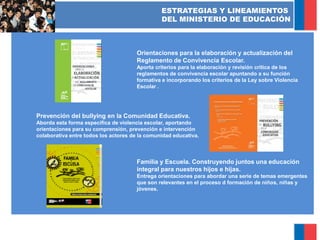 ESTRATEGIAS Y LINEAMIENTOS
DEL MINISTERIO DE EDUCACIÓN
Orientaciones para la elaboración y actualización del
Reglamento de Convivencia Escolar.
Aporta criterios para la elaboración y revisión crítica de los
reglamentos de convivencia escolar apuntando a su función
formativa e incorporando los criterios de la Ley sobre Violencia
Escolar .
Prevención del bullying en la Comunidad Educativa.
Aborda esta forma específica de violencia escolar, aportando
orientaciones para su comprensión, prevención e intervención
colaborativa entre todos los actores de la comunidad educativa.
Familia y Escuela. Construyendo juntos una educación
integral para nuestros hijos e hijas.
Entrega orientaciones para abordar una serie de temas emergentes
que son relevantes en el proceso d formación de niños, niñas y
jóvenes.
 