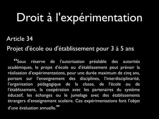 Droit à l'expérimentation
Article 34
Projet d'école ou d'établissement pour 3 à 5 ans
“Sous réserve de l’autorisation préalable des autorités
académiques, le projet d’école ou d’établissement peut prévoir la
réalisation d’expérimentations, pour une durée maximum de cinq ans,
portant sur l’enseignement des disciplines, l’interdisciplinarité,
l’organisation pédagogique de la classe, de l’école ou de
l’établissement, la coopération avec les partenaires du système
éducatif, les échanges ou le jumelage avec des établissements
étrangers d’enseignement scolaire. Ces expérimentations font l’objet
d’une évaluation annuelle.”
 