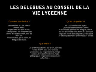LES DELEGUES AU CONSEIL DE LALES DELEGUES AU CONSEIL DE LA
VIE LYCEENNEVIE LYCEENNE
Comment sont-ils élus ?
Les délégués au CVL sont au
nombre de dix.
Sept d’entre eux sont élus au
suffrage direct par l’ensemble des
élèves de l’établissement, tous les
deux ans.
Trois sont élus, par et parmi, les
délégués de classe.
Que font ils ?
Les problèmes abordés par le CVL sont très
variés : le CVL peut ainsi faire des
propositions sur l’organisation du temps
scolaire, le règlement intérieur, l’aide
pédagogique, l’organisation des activités
culturelles….
Qu’est ce que le CVL
Le CVL est l’instance la plus
jeune de l’établissement. Comme
L’Assemblée générale des délégués, le CVL
est une assemblée consultative. Sa principale
originalité réside dans sa parité (10 élèves et
10 adultes) et dans les problèmes qu’il aborde.
 