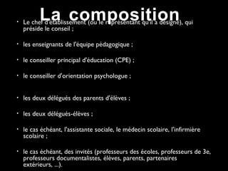 • Le chef d'établissement (ou le représentant qu'il a désigné), qui
préside le conseil ;
• les enseignants de l'équipe pédagogique ;
• le conseiller principal d'éducation (CPE) ;
• le conseiller d'orientation psychologue ;
• les deux délégués des parents d'élèves ;
• les deux délégués-élèves ;
• le cas échéant, l'assistante sociale, le médecin scolaire, l'infirmière
scolaire ;
• le cas échéant, des invités (professeurs des écoles, professeurs de 3e,
professeurs documentalistes, élèves, parents, partenaires
extérieurs, ...).
La composition
 