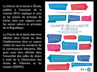 La Charte de la laïcité à l’École,
publiée à l’occasion de la
rentrée 2013, explique le sens
et les enjeux du principe de
laïcité, dans son rapport avec
les autres valeurs et principes
de la République.
La Charte de la laïcité doit être
affichée dans l’école ou dans
l’établissement dans un espace
visible de tous les membres de
la communauté éducative. Elle
peut aussi être affichée dans
l’ensemble des salles de classe
à côté de la Déclaration des
droits de l’Homme et du
citoyen (DDHC).
 