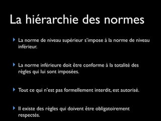 La hiérarchie des normes
 La norme de niveau supérieur s’impose à la norme de niveau
inférieur.
 La norme inférieure doit être conforme à la totalité des
règles qui lui sont imposées.
 Tout ce qui n’est pas formellement interdit, est autorisé.
 Il existe des règles qui doivent être obligatoirement
respectés.
 