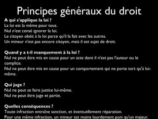 A qui s'applique la loi ?
La loi est la même pour tous.
Nul n'est censé ignorer la loi.
Le citoyen obéit à la loi parce qu'il la fait avec les autres.
Un mineur n'est pas encore citoyen, mais il est sujet de droit.
 
Quand y a t-il manquement à la loi ?
Nul ne peut être mis en cause pour un acte dont il n'est pas l'auteur ou le
complice.
Nul ne peut être mis en cause pour un comportement qui ne porte tort qu'à lui-
même.
 
Qui juge ?
Nul ne peut se faire justice lui-même.
Nul ne peut être juge et partie.
 
Quelles conséquences ?
Toute infraction entraîne sanction, et éventuellement réparation.
Pour une même infraction, un mineur est moins lourdement puni qu'un majeur.
Principes généraux du droit
 