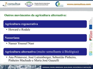 Agricultura regenerativa
• Howard e Rodale
Nasseriana
• Nasser Youssef Nasr
Agricultura alternativa (muito semelhante á Biológica)
• Ana Primavesi, José Lutzenberger, Sebastião Pinheiro,
Pinheiro Machado e Maria José Guazelli
Outros movimentos da agricultura alternativa:
 