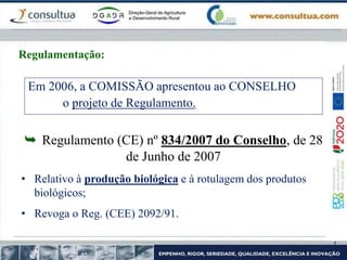 Em 2006, a COMISSÃO apresentou ao CONSELHO
o projeto de Regulamento.
 Regulamento (CE) nº 834/2007 do Conselho, de 28
de Junho de 2007
• Relativo à produção biológica e à rotulagem dos produtos
biológicos;
• Revoga o Reg. (CEE) 2092/91.
Regulamentação:
 