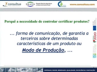 Porquê a necessidade de controlar certificar produtos?
... forma de comunicação, de garantia a
terceiros sobre determinadas
características de um produto ou
Modo de Produção, ...
 