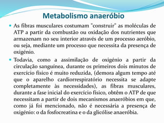 Metabolismo anaeróbio
 As fibras musculares costumam "construir" as moléculas de
ATP a partir da combustão ou oxidação dos nutrientes que
armazenam no seu interior através de um processo aeróbio,
ou seja, mediante um processo que necessita da presença de
oxigénio.
 Todavia, como a assimilação de oxigénio a partir da
circulação sanguínea, durante os primeiros dois minutos de
exercício físico é muito reduzida, (demora algum tempo até
que o aparelho cardiorrespiratório necessita se adapte
completamente às necessidades), as fibras musculares,
durante a fase inicial do exercício físico, obtêm o ATP de que
necessitam a partir de dois mecanismos anaeróbios em que,
como já foi mencionado, não é necessária a presença de
oxigénio: o da fosfocreatina e o da glicólise anaeróbia.
 