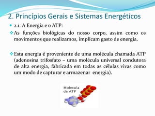 2. Princípios Gerais e Sistemas Energéticos
 2.1. A Energia e o ATP:
As funções biológicas do nosso corpo, assim como os
movimentos que realizamos, implicam gasto de energia.
Esta energia é proveniente de uma molécula chamada ATP
(adenosina trifosfato – uma molécula universal condutora
de alta energia, fabricada em todas as células vivas como
um modo de capturar e armazenar energia).
 