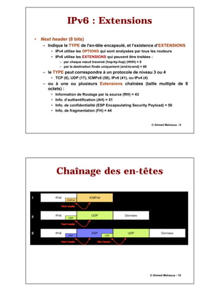 5
© Ahmed Mehaoua - 9
IPv6 : Extensions
• Next header (8 bits)
– Indique le TYPE de l'en-tête encapsulé, et l’existence d’EXTENSIONS
• IPv4 utilise les OPTIONS qui sont analysées par tous les routeurs
• IPv6 utilise les EXTENSIONS qui peuvent être traitées :
– par chaque nœud traversé (hop-by-hop) (HHH) = 0
– par la destination finale uniquement (end-to-end) = 60
– le TYPE peut correspondre à un protocole de niveau 3 ou 4
• TCP (6), UDP (17), ICMPv6 (58), IPv6 (41), ou IPv4 (4)
– ou à une ou plusieurs Extensions chaînées (taille multiple de 8
octets) :
• Information de Routage par la source (RH) = 43
• Info. d’authentification (AH) = 51
• Info. de confidentialité (ESP Encapsulating Security Payload) = 50
• Info. de fragmentation (FH) = 44
© Ahmed Mehaoua - 10
Chaînage des en-têtes
 