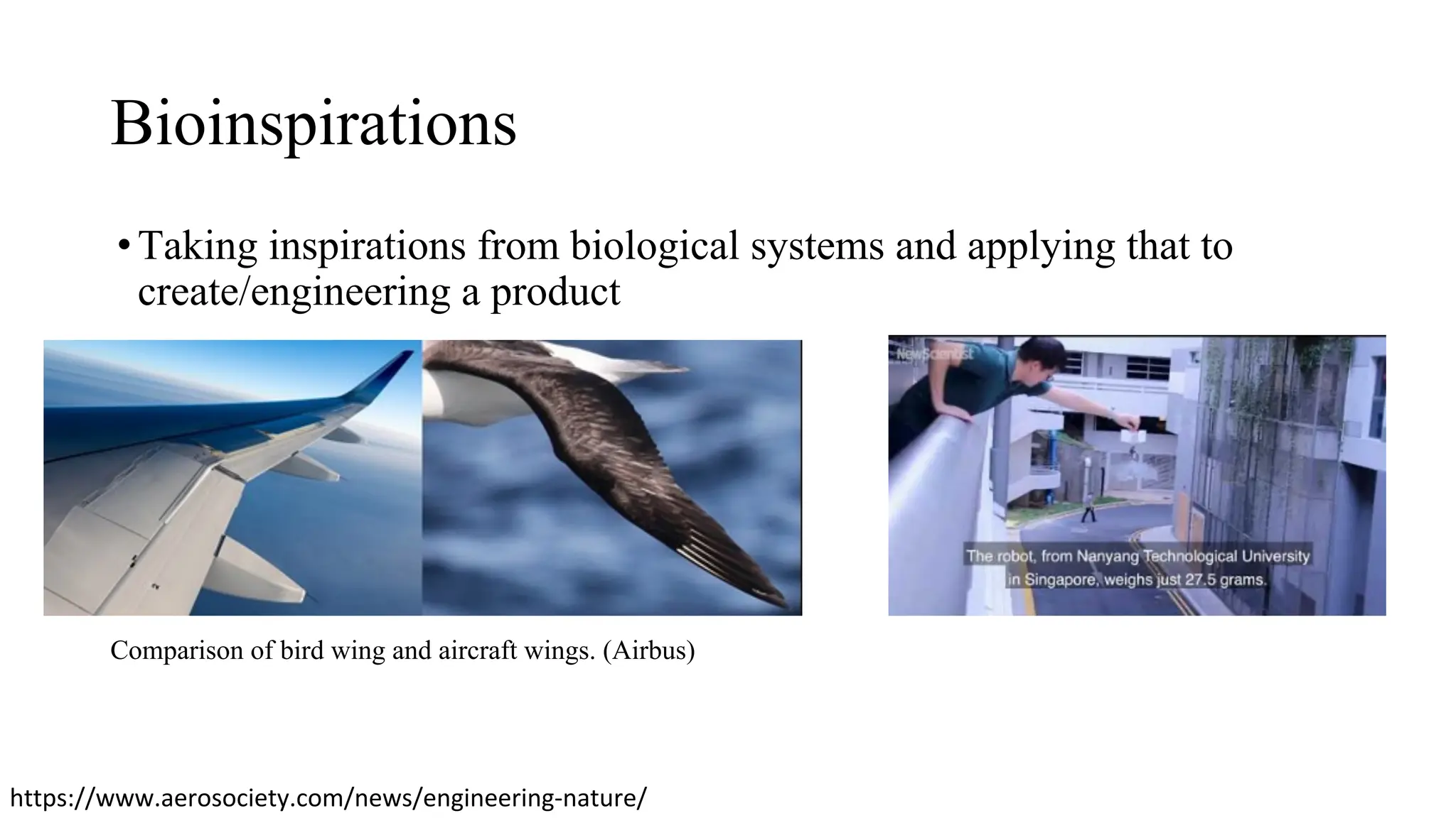Bioinspirations
•Taking inspirations from biological systems and applying that to
create/engineering a product
Comparison of bird wing and aircraft wings. (Airbus)
https://www.aerosociety.com/news/engineering-nature/
 