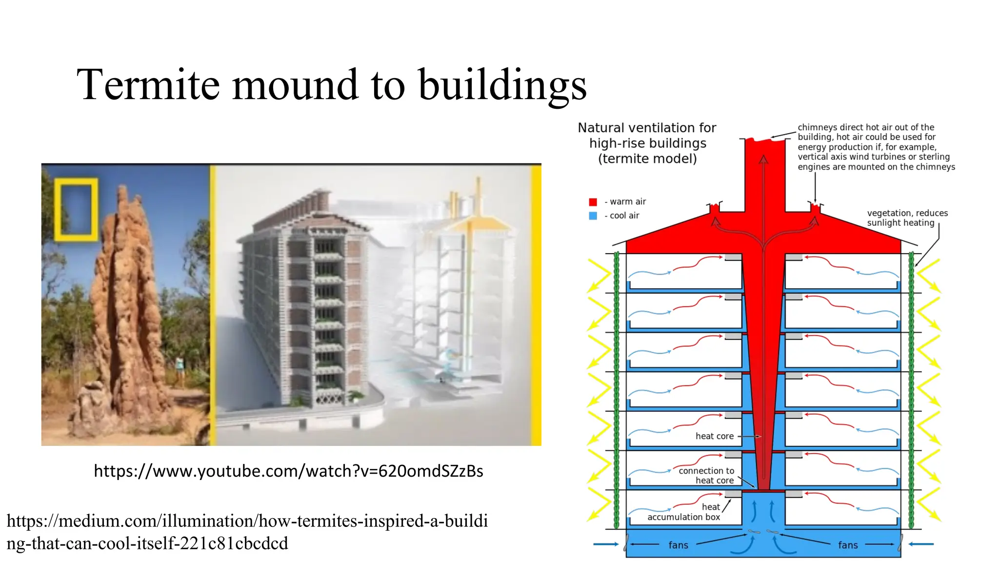 Termite mound to buildings
https://medium.com/illumination/how-termites-inspired-a-buildi
ng-that-can-cool-itself-221c81cbcdcd
https://www.youtube.com/watch?v=620omdSZzBs
 