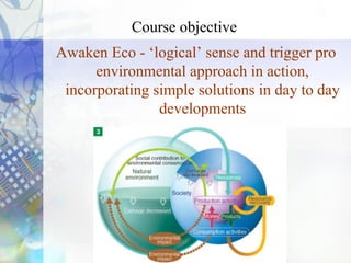 Course objective
Awaken Eco - ‘logical’ sense and trigger pro
environmental approach in action,
incorporating simple solutions in day to day
developments
 