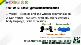 The Two (2) Basic Types of Communication
1. Verbal – it can be oral and written communication.
2. Non-verbal – are signs, symbols, colors, gestures,
body language, facial expression
 