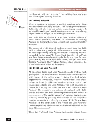 DIPLOMA IN INSURANCE SERVICES
MODULE - 1
Notes
Basic Accounting Principles
Business Environment
76
purchase etc. will then be cleared by crediting these accounts
and debiting the Trading Account.
(ii) Trading Account
When a concern is engaged in trading activities only, there
will be no Manufacturing Account. The Trading Account on its
debit side will show certain entries regarding opening stock
(of saleable goods), purchase less returns and expenses relating
to purchase viz. freight, duty, carriage inward etc.
The credit balance of sales account (less the debit balance of
sales return accounts) will then be transferred to Trading
Account by debiting the former account and crediting the latter
account.
The excess of credit total of trading account over the debit
total is called the gross profit. This amount is computed and
an entry is passed by debiting this amount to Trading Account
(preceded by the word ‘To Gross Profit transferred to Profit
and Loss Account’) and crediting the Profit and Loss Account
(preceded by the word ‘By Gross Profit, brought over from
Trading Account’). The Trading Account .thus indicates the
gross result from selling of the goods.
(iii) Profit and Loss Account
At this stage Profit and Loss Account stands credited with
gross profit. The Profit and Loss Account also stands adjusted
with some of the adjustment entries like bad debts,
depreciation, insurance, rent etc. All the debit and credit
balances lying in different nominal accounts are then
transferred to Profit and Loss Account. The debit balances are
closed by entering the respective word ‘By Profit and Loss
Account’. The respective amounts are also entered on the debit
side of the Profit and Loss Account preceded by the words To
.................... . The credit balance of nominal accounts are
similarly closed by passing debit entries to the respective
nominal accounts preceded by the word ‘To Profit and Loss
Account’. In the credit side of the “Profit and Loss Account”
the corresponding credit entries are inserted preceded by the
word ‘By ...................’.
Thus, the Profit and Loss Account on its credit shows Gross
 