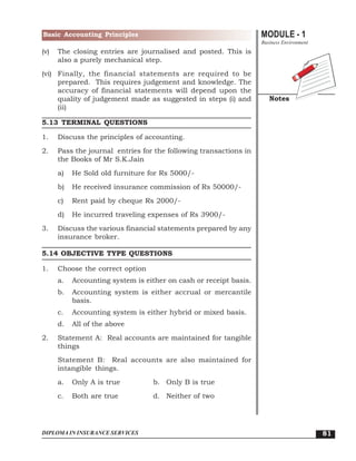 MODULE - 1
Business Environment
Notes
81
Basic Accounting Principles
DIPLOMA IN INSURANCE SERVICES
(v) The closing entries are journalised and posted. This is
also a purely mechanical step.
(vi) Finally, the financial statements are required to be
prepared. This requires judgement and knowledge. The
accuracy of financial statements will depend upon the
quality of judgement made as suggested in steps (i) and
(ii)
5.13 TERMINAL QUESTIONS
1. Discuss the principles of accounting.
2. Pass the journal entries for the following transactions in
the Books of Mr S.K.Jain
a) He Sold old furniture for Rs 5000/-
b) He received insurance commission of Rs 50000/-
c) Rent paid by cheque Rs 2000/-
d) He incurred traveling expenses of Rs 3900/-
3. Discuss the various financial statements prepared by any
insurance broker.
5.14 OBJECTIVE TYPE QUESTIONS
1. Choose the correct option
a. Accounting system is either on cash or receipt basis.
b. Accounting system is either accrual or mercantile
basis.
c. Accounting system is either hybrid or mixed basis.
d. All of the above
2. Statement A: Real accounts are maintained for tangible
things
Statement B: Real accounts are also maintained for
intangible things.
a. Only A is true b. Only B is true
c. Both are true d. Neither of two
 
