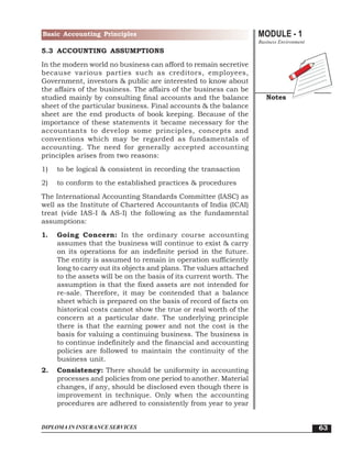 MODULE - 1
Business Environment
Notes
63
Basic Accounting Principles
DIPLOMA IN INSURANCE SERVICES
5.3 ACCOUNTING ASSUMPTIONS
In the modern world no business can afford to remain secretive
because various parties such as creditors, employees,
Government, investors & public are interested to know about
the affairs of the business. The affairs of the business can be
studied mainly by consulting final accounts and the balance
sheet of the particular business. Final accounts & the balance
sheet are the end products of book keeping. Because of the
importance of these statements it became necessary for the
accountants to develop some principles, concepts and
conventions which may be regarded as fundamentals of
accounting. The need for generally accepted accounting
principles arises from two reasons:
1) to be logical & consistent in recording the transaction
2) to conform to the established practices & procedures
The International Accounting Standards Committee (IASC) as
well as the Institute of Chartered Accountants of India (ICAI)
treat (vide IAS-I & AS-I) the following as the fundamental
assumptions:
1. Going Concern: In the ordinary course accounting
assumes that the business will continue to exist & carry
on its operations for an indefinite period in the future.
The entity is assumed to remain in operation sufficiently
long to carry out its objects and plans. The values attached
to the assets will be on the basis of its current worth. The
assumption is that the fixed assets are not intended for
re-sale. Therefore, it may be contended that a balance
sheet which is prepared on the basis of record of facts on
historical costs cannot show the true or real worth of the
concern at a particular date. The underlying principle
there is that the earning power and not the cost is the
basis for valuing a continuing business. The business is
to continue indefinitely and the financial and accounting
policies are followed to maintain the continuity of the
business unit.
2. Consistency: There should be uniformity in accounting
processes and policies from one period to another. Material
changes, if any, should be disclosed even though there is
improvement in technique. Only when the accounting
procedures are adhered to consistently from year to year
 