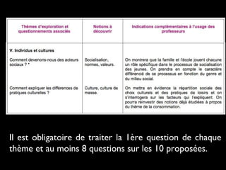 Il est obligatoire de traiter la 1ère question de chaque
thème et au moins 8 questions sur les 10 proposées.
 