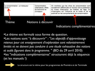 Notions à découvirThème
Indications complémentaires
•Le thème est formulé sous forme de question.
•Les notions sont “à découvrir” : "Les objectifs d’apprentissage
retenus pour cet enseignement d’exploration sont volontairement
limités et ne doivent pas conduire à une étude exhaustive des notions
et outils figurant dans le programme. " (BO du 29 avril 2010)
•les "indications complémentaires" structurent déjà la séquence
(et les manuels !)
La structure est la même pour les programmes de Première et de Terminale
 