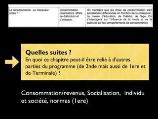 Quelles suites ?
En quoi ce chapitre peut-il être relié à d'autres
parties du programme (de 2nde mais aussi de 1ere et
de Terminale) ?
Consommation/revenus, Socialisation, individu
et société, normes (1ere)
 