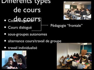 Différents types
de cours
de cours• Cours magistral
• Cours dialogué
• sous-groupes autonomes
• alternance cours/travail de groupe
• travail individualisé
Pédagogie “frontale”
 