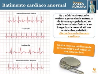 Batimento cardíaco anormal
Batimento cardíaco normal
Taquicardia
Bradicardia
Batimento cardíaco irregular
Se o nódulo sinusal não
estiver a gerar sinais naturais
de forma apropriada ou se
existir uma interferência ao
longo da via normal até aos
ventrículos, existirão
alterações no batimento
cardíaco.
Nestes casos o médico poderecomendar a colocação deum pacemaker!
Nestes casos o médico poderecomendar a colocação deum pacemaker!
 