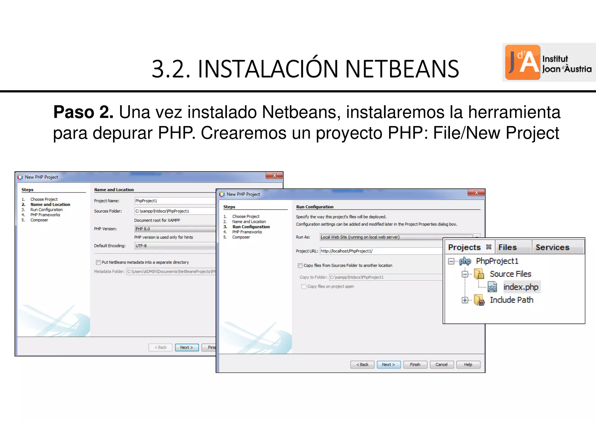 Paso 2. Una vez instalado Netbeans, instalaremos la herramienta
para depurar PHP. Crearemos un proyecto PHP: File/New Project
3.2.
3.2.
3.2.
3.2. INSTALACIÓN
INSTALACIÓN
INSTALACIÓN
INSTALACIÓN NETBEANS
NETBEANS
NETBEANS
NETBEANS
 