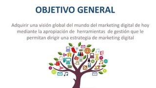 OBJETIVO GENERAL
Adquirir una visión global del mundo del marketing digital de hoy
mediante la apropiación de herramientas de gestión que le
permitan dirigir una estrategia de marketing digital
 