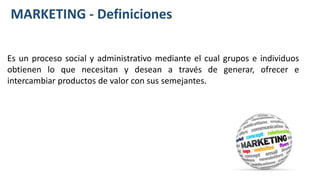 MARKETING - Definiciones
Es un proceso social y administrativo mediante el cual grupos e individuos
obtienen lo que necesitan y desean a través de generar, ofrecer e
intercambiar productos de valor con sus semejantes.
 