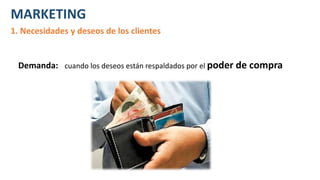 MARKETING
1. Necesidades y deseos de los clientes
Demanda: cuando los deseos están respaldados por el poder de compra
 