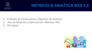 METRICAS & ANALÍTICA WEB 2.0
1. Embudos de Conversiones y Objetivos de Analytics
2. Plan de Medición y Optimización: Métricas -KPIs
3. ROI Digital
 